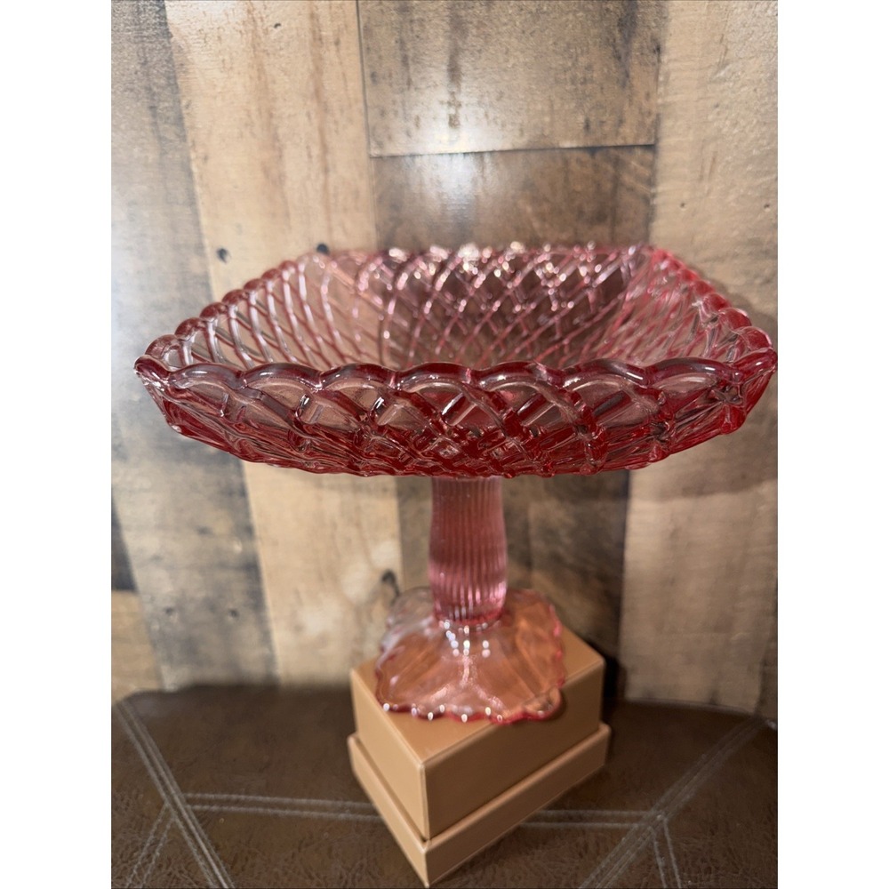 Vintage L.E. Smith‎ Pink Trellis Pattern Glass Pedestal Compote Bowl Handmade